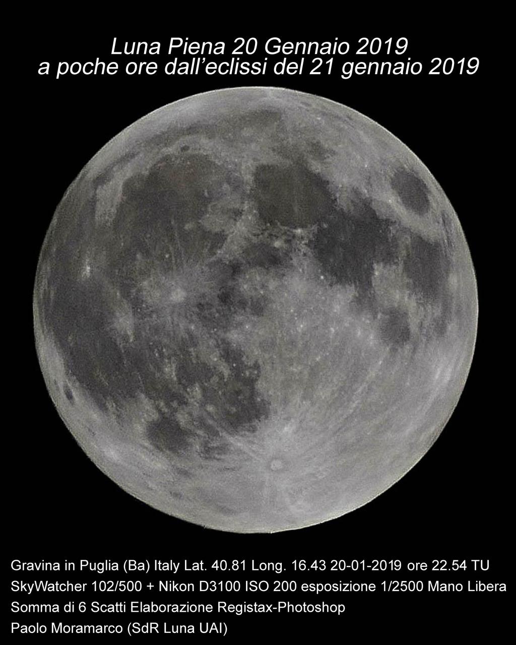 Lunar Geological Change Detection & Transient Lunar Phenomena Luna Piena 20 gennaio 2019 20-01-2019 Alle 22:54 T.U.