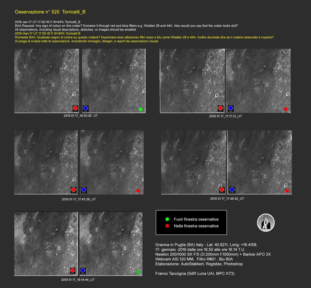 Lunar Geological Change Detection & Transient Lunar Phenomena Oss n 520 Torricelli B 17-01-2019 Dalle 16:50 alle 18:14 T.U.