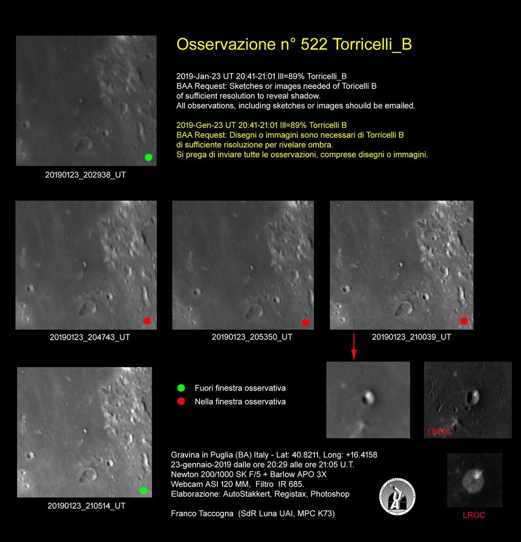Lunar Geological Change Detection & Transient Lunar Phenomena Oss n 522 Torricelli B 23-01-2019 Dalle 20:29 alle 21:05 T.U.