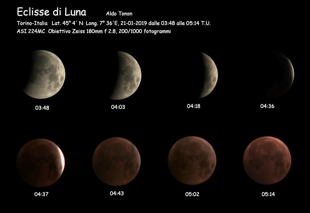Eclisse di Luna del 21 gennaio 2019 Eclisse di Luna Aldo Tonon Allego la serie di immagini dell'eclisse di Luna di questa mattina.