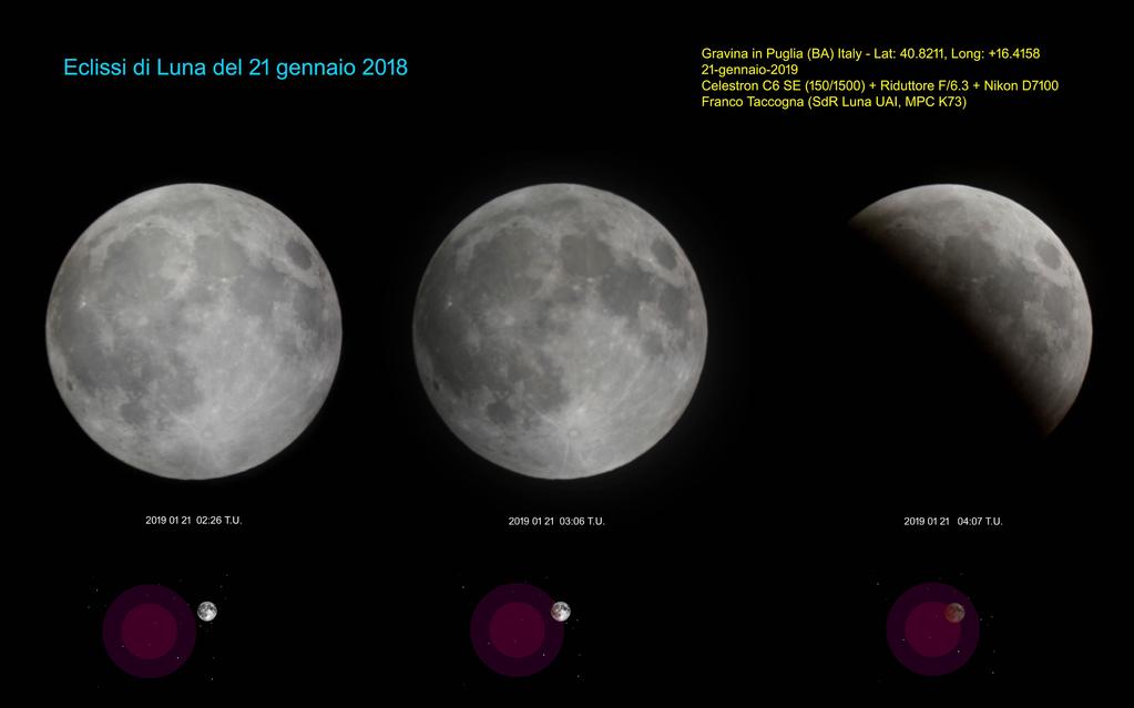 Eclisse di Luna del 21 gennaio 2019 Eclisse di Luna Franco Taccogna Purtroppo le condizioni meteo per l'eclissi di Luna non erano favorevoli, cielo coperto poi una piccola aperture, poi