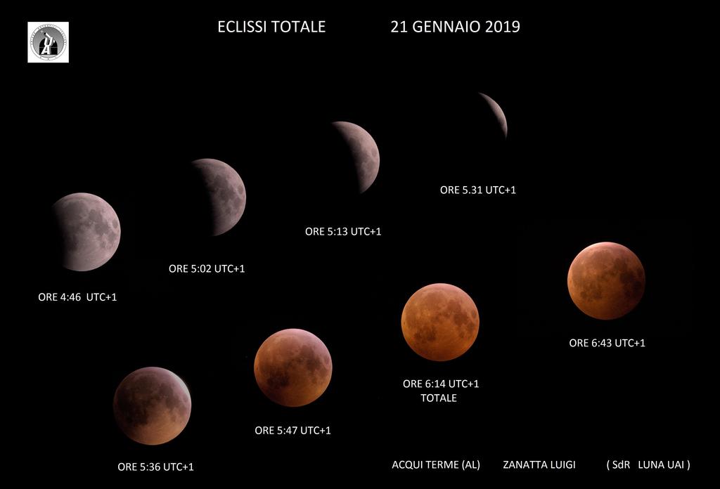 Eclisse di Luna del 21 gennaio 2019 Eclisse di Luna Luigi Zanatta finalmente sono riuscito completare la mia scheda dell'eclissi, ho inserito una sequenza di foto, quelle più nitide fra tutte quelle