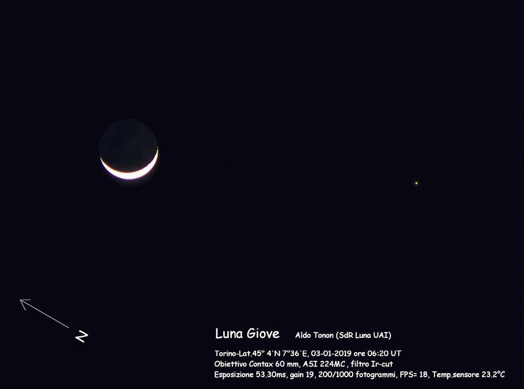 Congiunzione Luna Giove Luna-Giove 03-01-2019 Alle 06:20 T.U. Obiettivo Zeiss 60mm Filtro Ir-cut ASI 224MC Aldo Tonon Prima ripresa dell'anno 2019 e con la nuova camera ASI 224MC a colori.