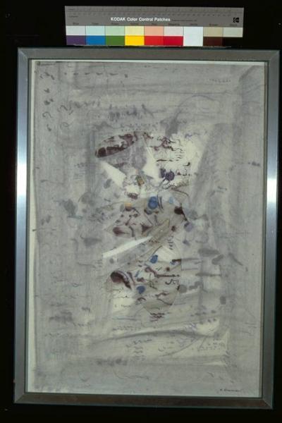 Piccoli elementi alternati a segni di scrittura; sopra è una carta velina ritagliata al centro Giacomazzi, Ottavio Link risorsa: http://www.