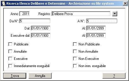 Selezionare mediante la maschera di ricerca la delibera/determina che si desidera estrarre tramite le molteplici modalità di ricerca (per numero, per data di adozione,