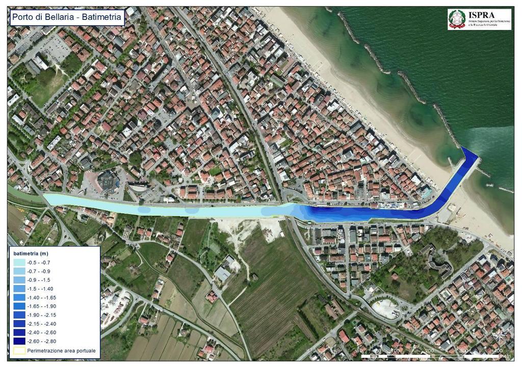 Figure 46 - Strategia di campionamento nel Porto canale di Bellaria-Igea Marina Figure 47 - Rilievi batimetrici del Porto canale di Bellaria-Igea Marina 23 Luglio 2011 - Porto canale di Cesenatico