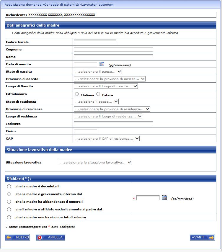 La pagina avrà il seguente aspetto. FIGURA 7- DATI ANAGRAFICI DELLA MADRE 5.2.