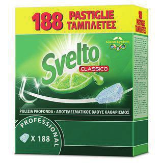 SVELTO TABLETS PER LAVASTOVIGLIE PZ 188 Niente rimuove il grasso ostinato nella lavastoviglie come la potenza delle pastiglie detergenti Svelto.