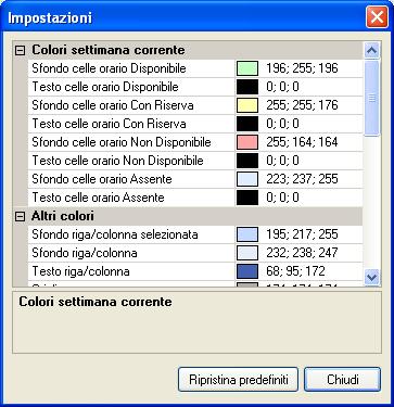 IMPOSTAZIONI AGENDA Nel programma esiste una finestra chiamata Impostazioni, con la quale vengono personalizzati i colori della settimana in Agenda e la tipologia degli appuntamenti, vedi Figura 13.