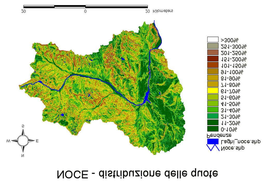 Distribuzione delle pendenze La mappa evidenzia una parte bassa del bacino (Val di Non) che si presenta piuttosto pianeggiante ed una parte alta (Val di Sole) contraddistinta da un territorio