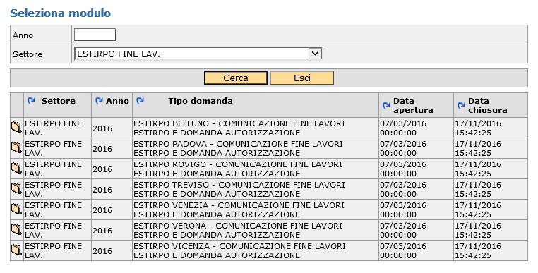 moduli provinciali: Selezionare il modulo ( click su cartellina)