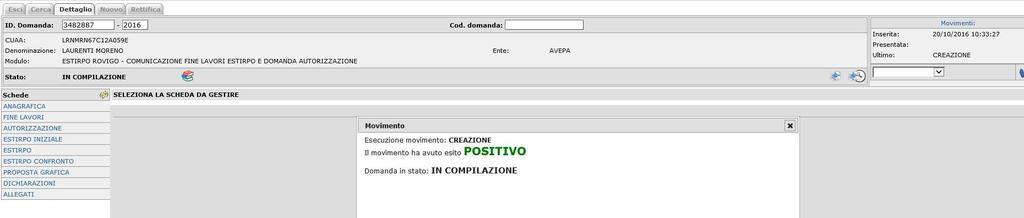 La comunicazione, con relativo identificativo univoco e schede da compilare è stata creata: 2.