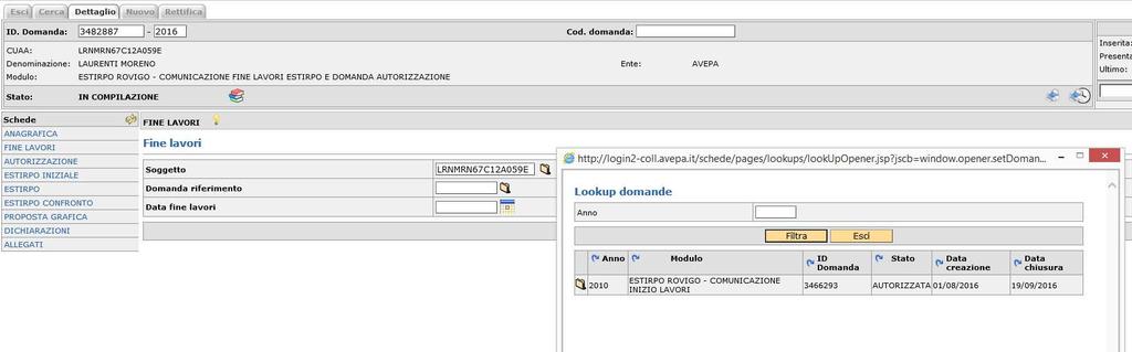recuperare la domanda iniziale da collegare alla comunicazione di fine lavori.