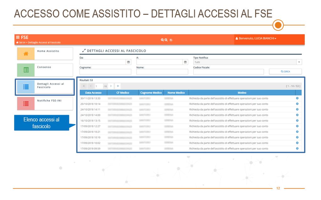 4.3. Dettagli accessi al fascicolo Un medico specialista può accedere al fascicolo di un assistito (se lo stesso è abilitato) e consultarne i documenti.