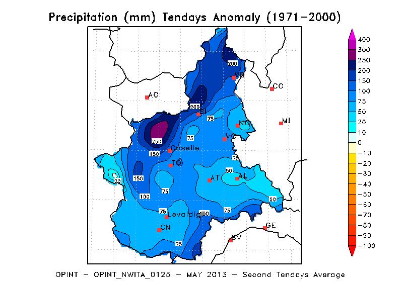 Figura 2 Anomalia della precipitazione nella seconda decade di Maggio 2013 rispetto alla climatologia 1971 2000 (fonte ARPA Piemonte).