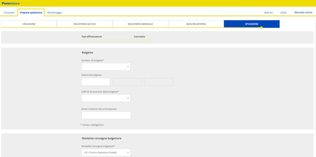 3.5 SPEDIZIONE: dopo aver caricato il file Excel nella sezione REGISTRATA DA FILE o compilato manualmente sul Portale nella sezione REGISTRATA MANUALE i dati degli invii di corrispondenza registrata