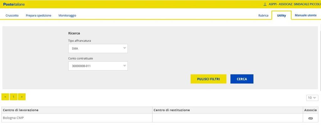 6. UTILITY Al primo accesso sul portale è necessario utilizzare tale funzione per impostare l ufficio di restituzione della/e bolgetta/e; tale centro potrà essere un Ufficio Postale o un Centro di