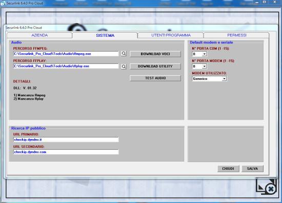 In pannello SISTEMA sono state posizionate le programmazioni di : AUDIO (opzioni per uso Text To Speech) SETUP porta Seriale e Modem (precedente compatibilità) RICERCA IP PUBBLICO, utilizzato per