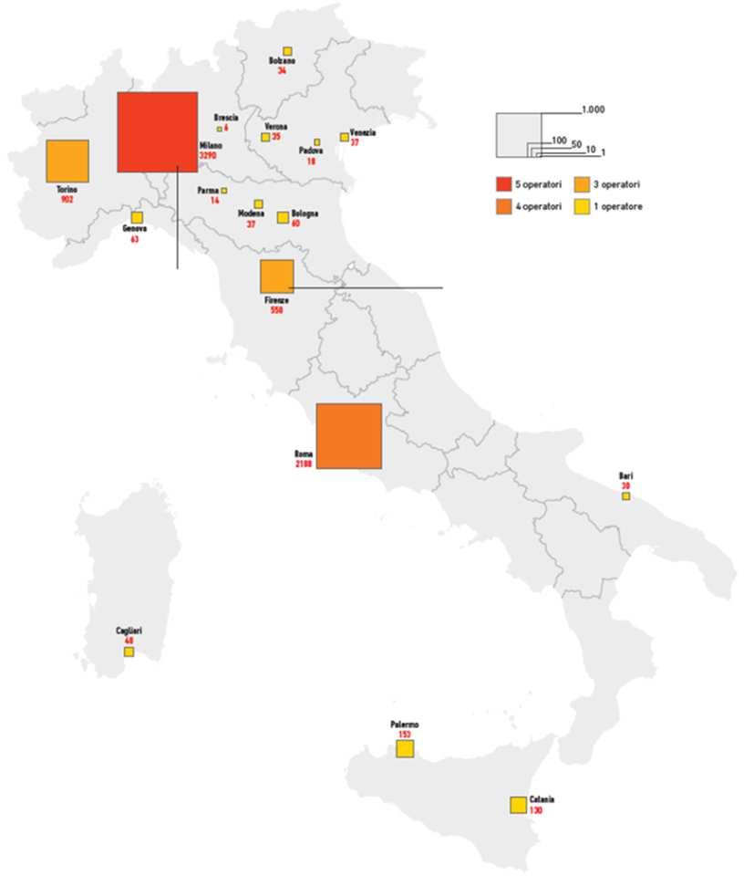 CONFERME DAL CARSHARING (Città con le flotte più numerose) DISTRIBUZIONE TERRITORIALE DEI SERVIZI DI CARSHARING IN ITALIA Dimensione della flotta #4 Il carsharing si espande al