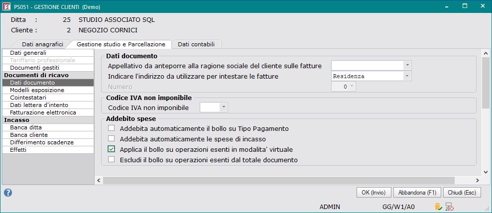 3) Nel tab Gestione Studio e Parcellazione sezione Dati documento occorre attivare la spunta