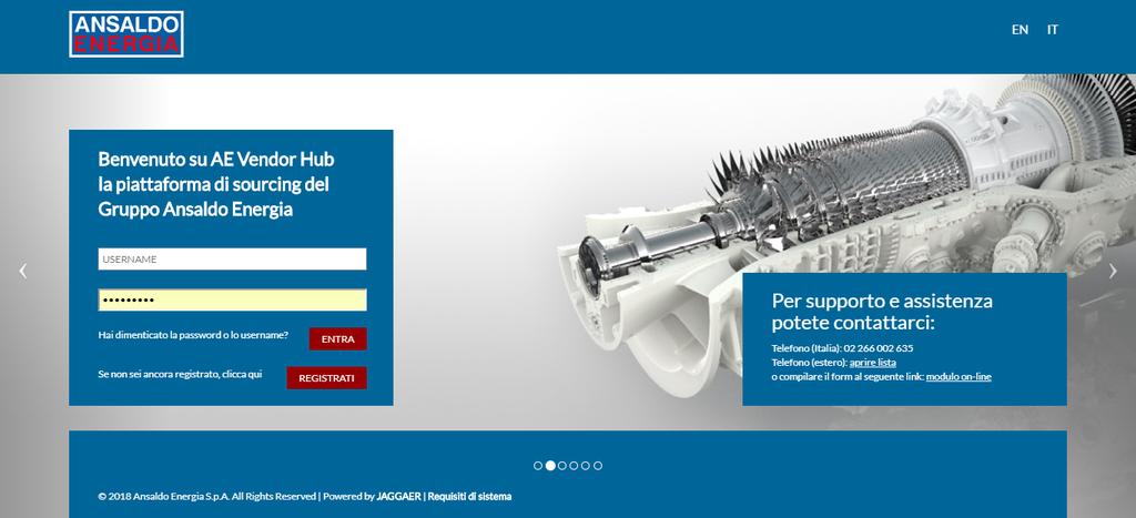 Autocandidatura per i nuovi fornitori Se non avete mai lavorato con il Gruppo Ansaldo Energia e desiderate registrarvi sulla piattaforma AE Vendor Hub, aprite il la pagina del sito