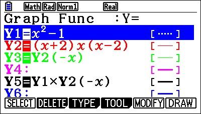 funzioni nei 6 intervalli in cui il dominio viene diviso dai punti dove almeno una delle funzioni si annulla e il segno del prodotto, determinato con la regola dei segni.