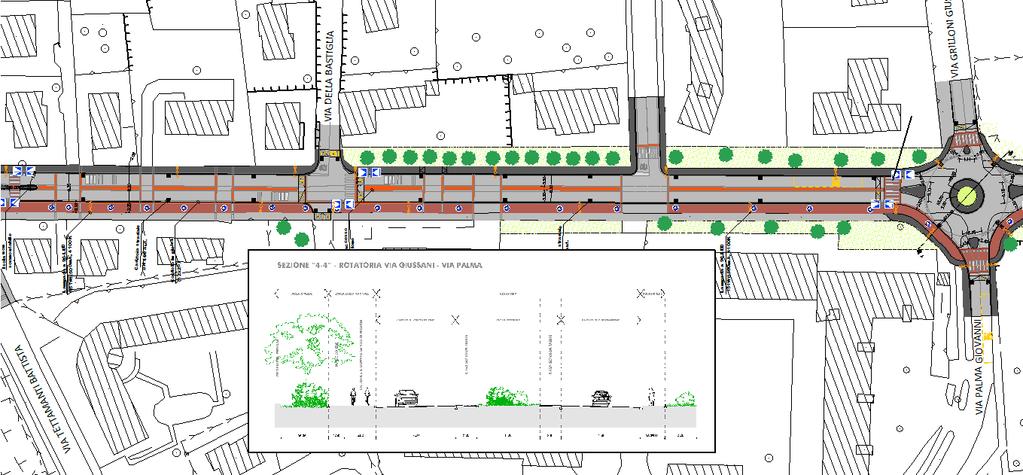 Figura 11: estratto della tavola di progetto con particolare del tratto di via Giussani da via Tettamanti a via Grilloni In uscita dalla rotatoria, lungo l