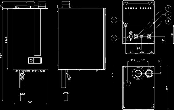 1 Connessione gas (3/4") 2 Mandata (1 1/4") 3 Scarico valvola sicurezza (1/2") 4 Ritorno (1 1/4") 5 Sifone mod. CH KR 115-150 Queste caldaie usano la fumisteria per caldaie a condensazione.