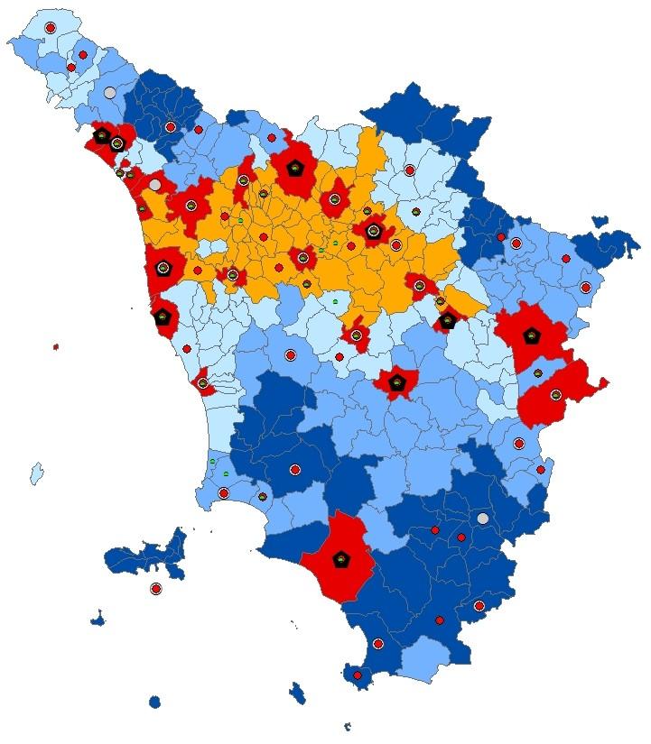 * le aree in azzurro nella Toscana centrale sono dovute solo all uso di distanze diverse da quelle utilizzate dal DPS Carta 3 LE AREE INTERNE CON IL METODO DEGLI ADDETTI TERZIARI RAGGIUNGIBILI IN 60