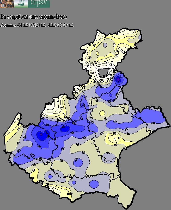 Figura 3: Distribuzione delle precipitazioni totali tra sabato 12 (ore12 solari) e domenica 13 (ore 12