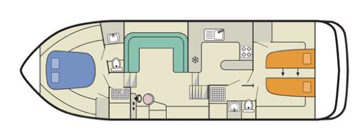 La spaziosissima cabina di poppa dispone di due letti singoli convertibili in letto matrimoniale, bagno in camera con doccia, wc elettrico, e lavandino.