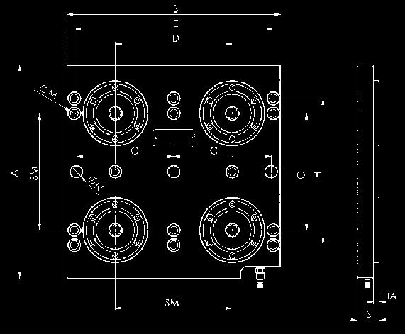 3 2 x 17 2 x 55 24 Esecuzione: Stazione di bloccaggio pneumatica per un bloccaggio ottimizzato quanto a tempi di preparazione su tavole macchina con distanza tra scanalature di 63, 100 e 125 mm.