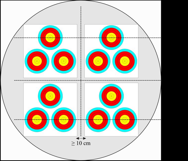 Nel caso di utilizzo di bersagli tripli a triangolo da 40 cm, la misura massima sarà riferita ai centri più alti dei bersagli superiori e quella minima ai centri più bassi dei bersagli inferiori.