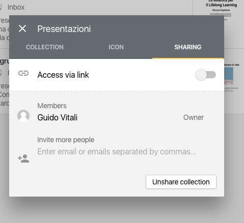 .E adesso viene la parte più interessante: la condivisione. Clicchiamo di nuovo sulla rotellina a fianco di presentazioni (barra laterale sinistra).