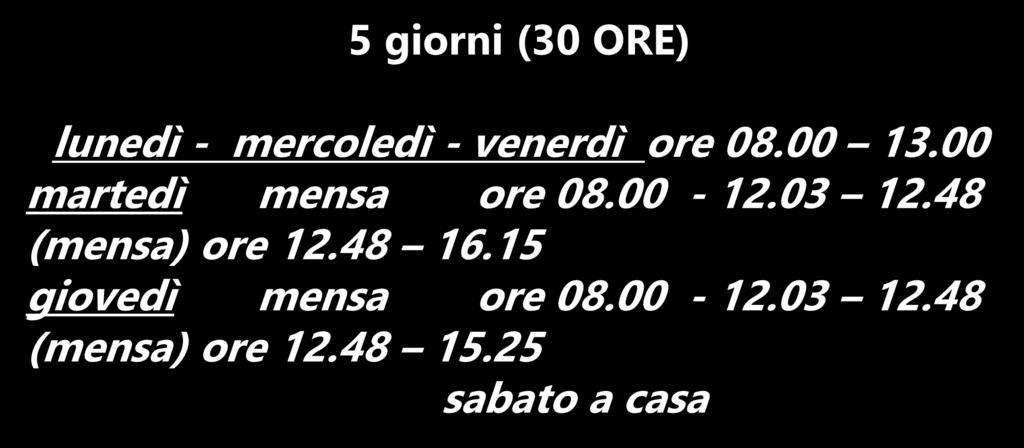 TEMPO SCUOLA A SETTIMANA CORTA per TUTTE le classi prime A TEMPO ORDINARIO 5 giorni (30 ORE) lunedì - mercoledì - venerdì ore 08.00 13.