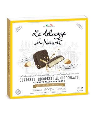 35 mm QUADRETTI RICOPERTI AL CIOCCOLATO CON NOTE ALLO CHAMPAGNE Quadretti with Champagne flavour covered with Chocolate Pasta di Mandorle