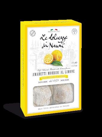 AMARETTI MORBIDI AL LIMONE Pizzicati a mano Classic Almond Biscuits with Lemon flavour, handly pinched Nuova Ricetta / New Recipe Codice / Code: 2804 Peso / Weight: 120 g Misure / Dimensions: 110 x