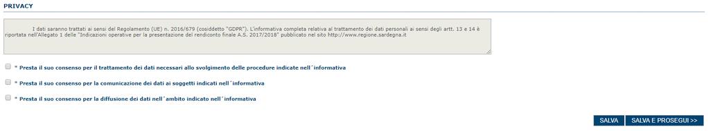 6.6. Sezione PRIVACY La scheda consente di selezionare le dichiarazioni inerenti alla privacy.