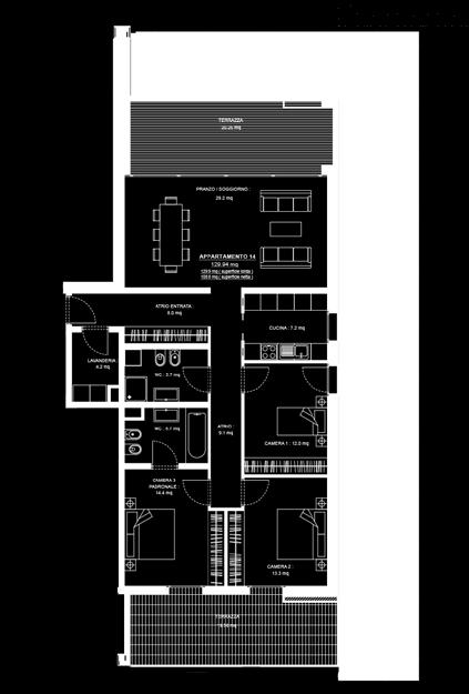 0 mq ENTRATA ATRIO ENTRATA : 3.5 mq TERRAZZA 29.38 mq ATRIO : 4.9 mq CAMERA 1 : 11.2 mq WC : 4.1 mq WC : 4.5 mq CAMERA 2 PADRONALE : 14.6 mq LAVANDERIA : 4.2 mq APPARTAMENTO 13 74.15 mq 74.