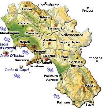 Tra i monti più importanti citiamo il Vesuvio (un vulcano), il Faito e il Massico. Tra i fiumi più importati citiamo il Volturno, l' Ofanto, il Fortore e il Sele.