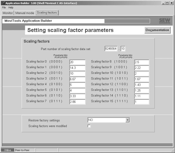 Messa in servizio avanzata con MOVITOOLS I 8 Finestra "Scaling factors" Questa finestra si utilizza per immettere i fattori di scala nel campo valori
