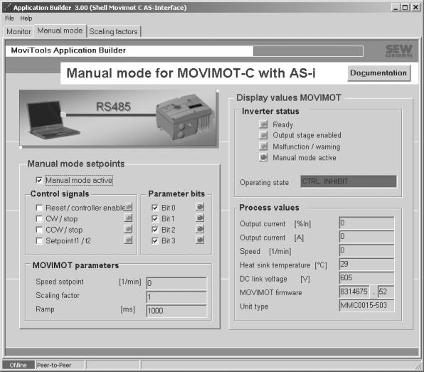 Messa in servizio avanzata con MOVITOOLS I 8 Finestra "Manual mode" Il modo manuale viene utilizzato per azionare manualmente l azionamento (vedi figura che segue).