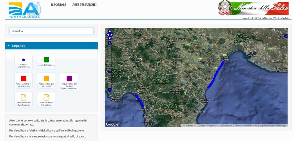 Territorio Tabella : Distribuzione punti di prelievo stagione balneare 207 Aree vietate alla Lunghezza totale Aree di balneazione per N punti di costa (km) balneazione motivi di studio prelievo