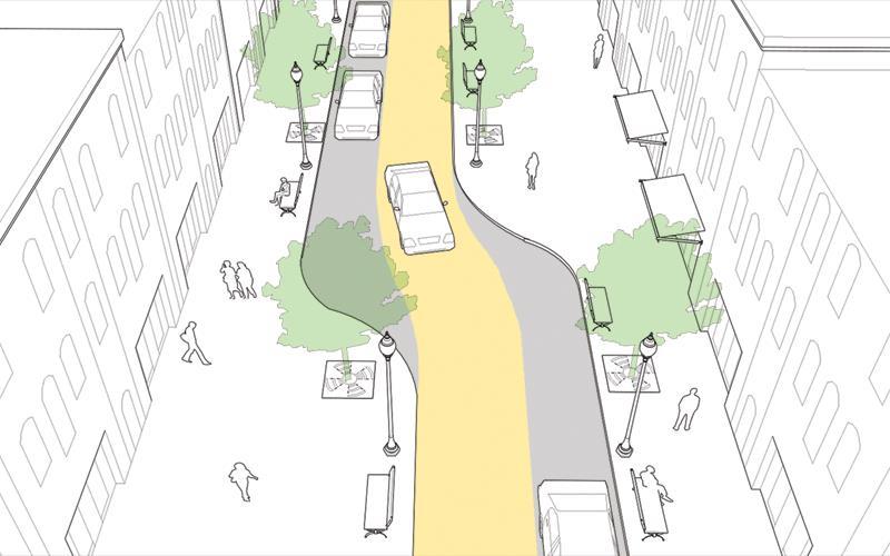 Traffic calming: chicanes Può essere ottenuta tramite allargamenti alternati dei marciapiedi, il posizionamento di isole centrali spartitraffico, oppure attraverso uno sfalsamento dei parcheggi,