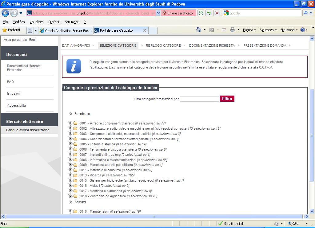In Selezione categorie è possibile visualizzare tutte le categorie merceologiche del Mercato Elettronico