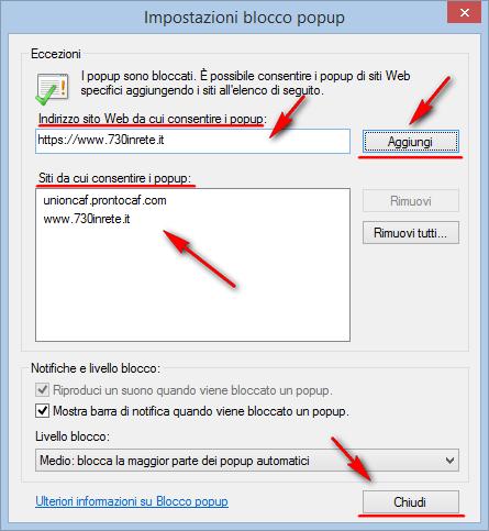 Si aprirà la finestra relativa alle IMPOSTAZIONI BLOCCO POPUP.