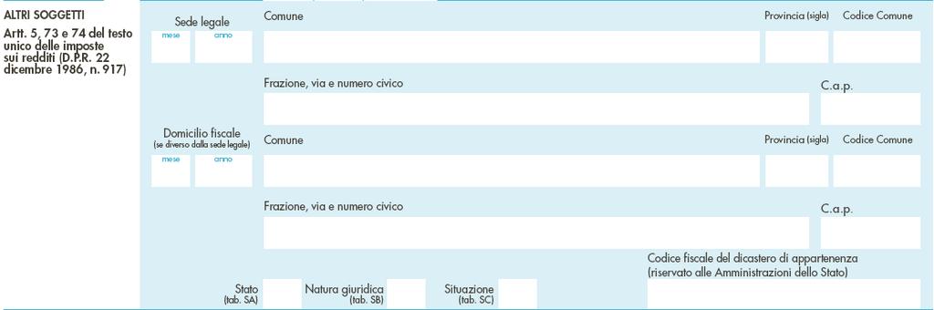 Tabella SA Tabella SB Tabella SC Con riferimento al momento di presentazione della dichiarazione, indicare: - sede legale: Comune, Provincia, codice Comune, frazione,