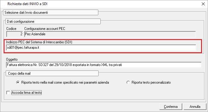 l operatore dovrà indicare (o confermare), l indirizzo mail pec del SdI a cui inoltrare la fattura elettronica come esposto, a titolo di esempio, a seguire, e confermare l operazione di invio.