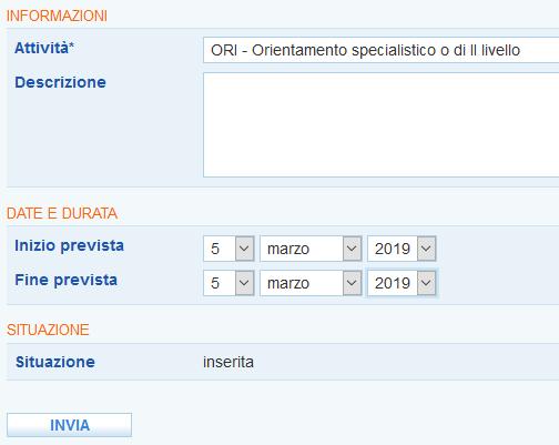 Selezionare dal menu a tendina l orientamento specialistico (attività di tipo ORI).