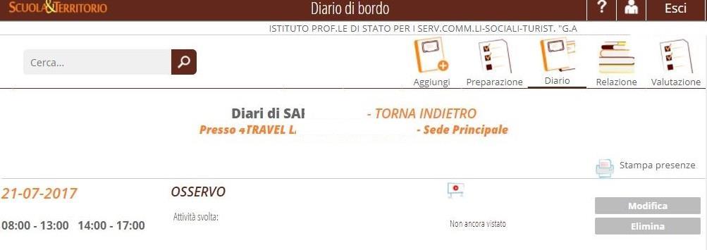 Per procedere all inserimento di una nuova pagina di diario, cliccare sull icona in alto a destra Aggiungi e compilare con i dati relativi alla data del Diario che si sta inserendo, al grado di